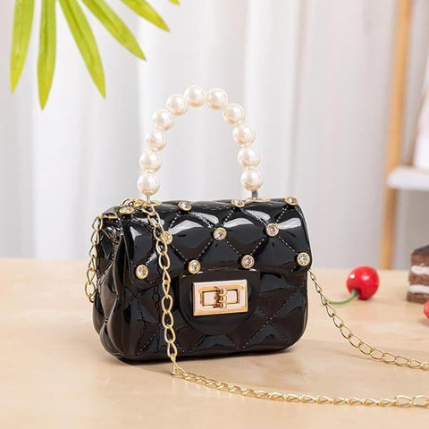 sen store Black Shoulder Bag Small Pearl Handbags Kids Jelly Purse Bag With  Chains