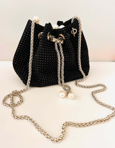 DOSYSO Black Sling Bag Diamond Bucket bag Crossbody Potli Sling