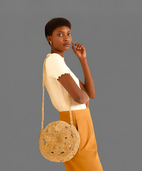 MALVOLIO Beige Sling Bag Handmade Coin Shape Stylish Jute Siling