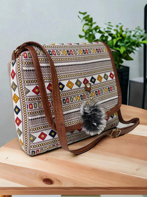 mas navi White, Brown Sling Bag Imported Fabric Vegan Leather Fashion Bags