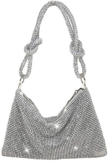 BLUE BEADS Silver Sling Bag Women Handbag Silver Color Full Rhinestone  Crystal Clutch Sparkling Glitter Bag