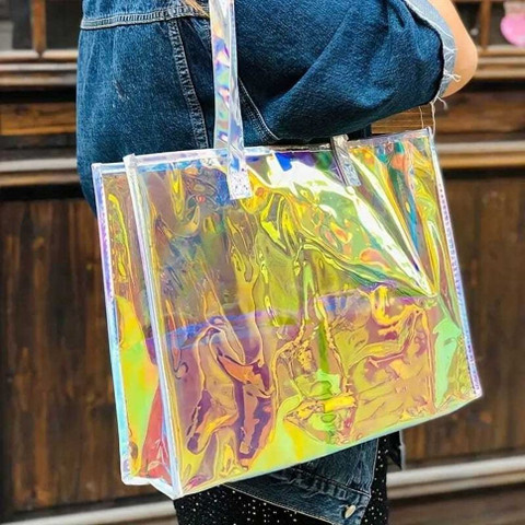 PROUDME Silver Tote Holographic Transparent Women's Tote Bag Iridescent  Rainbow Shine