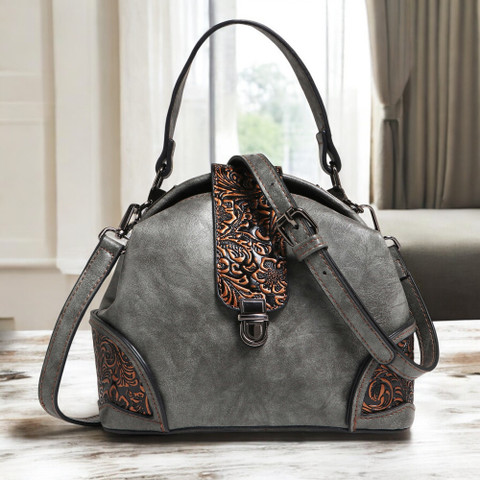 Exotic Premium Grey Hand-held Bag Vintage Retro Embossed Floral Sling Bag