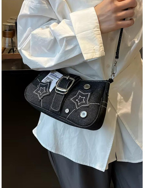 ITALISH Black Shoulder Bag Trendy Denim Shoulder Bag for Women