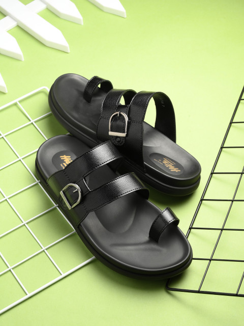 Hitz Men Black Leather Toe-Ring Slippers Slippers