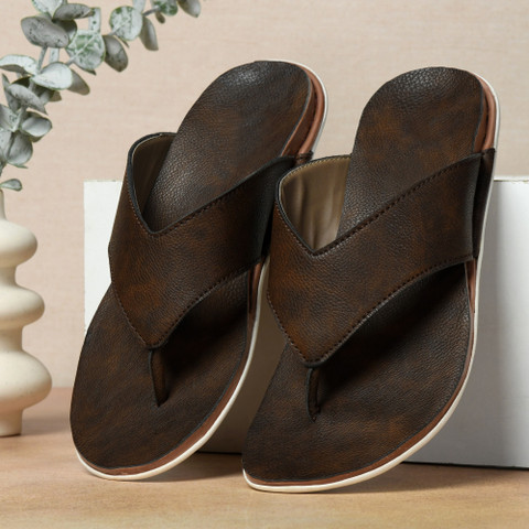 STEPHORN Men Faux Leather V-Shape Toe Loop Design with Cushioned Comfort  Footbed Slippers