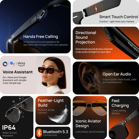Fire-Boltt Fire-Lens Dune Smart Glasses |Bluetooth Audio |Hands-Free Calls  |Voice Assistant