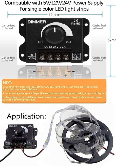 BALRAMA DC 12V/24V 30A Adjustable Dimmer Switch PWM Dimming Controller ...