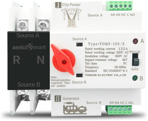 amiciSmart Dual Power Automatic Control Transfer Switch, 125A