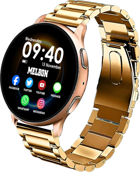 Melbon Golden Stainless Steel Strap Sporty Heart Rate Monitoring Sleep  Tracking Round Smartwatch