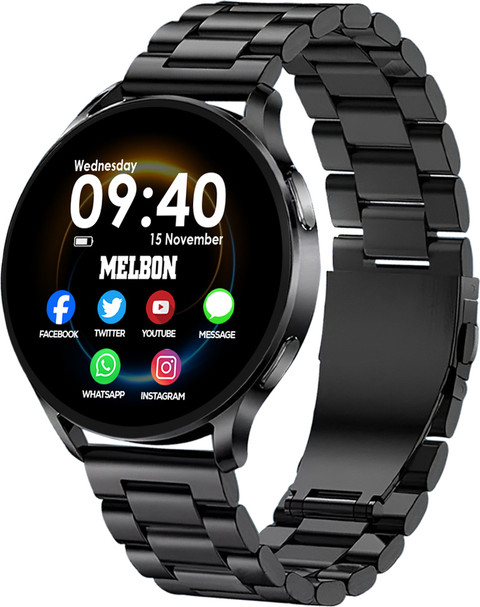 Melbon Black Stainless Steel Strap Sporty Heart Rate Monitoring Sleep  Tracking Round Smartwatch