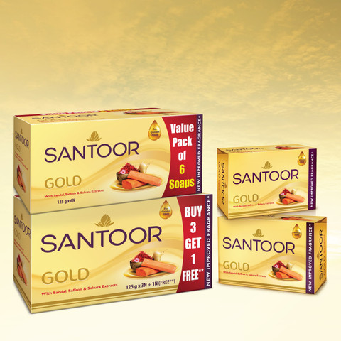 Santoor Gold Bathing Bar Soap with Kashmiri Saffron, Sandal and Sakura  Extracts