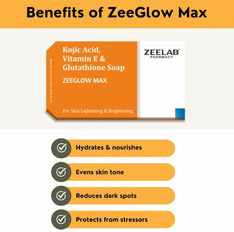 ZEE LAB Zeeglow Max Kojic Acid, Vit E & Glutathione Soap 75g | Remove Tan &  Pigmentation