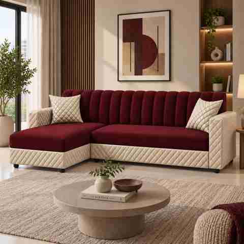 WAKESURE Premium Quality Velvet Fabric 6 Seater Sofa (Finish Color - Red & Beige, DIY(Do-It-Yourself)) - Image 2