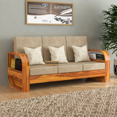 Taskwood Furniture Solid Sheesham Wood Three Seater Sofa For Living Room,  Office, Café Fabric Seater Sofa