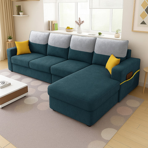 FURNY Tokyo 6 Seater Fabric RHS L Shape Sofa Set for Living Room