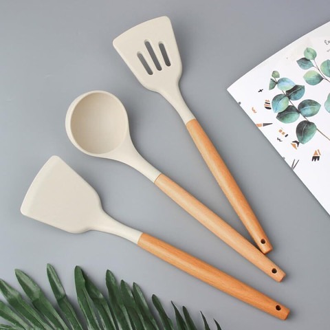 SHOPPOFOBIX Silicone Kitchen Utensils Spoon Set Natural Wooden Handles  Non-Stick Spatula
