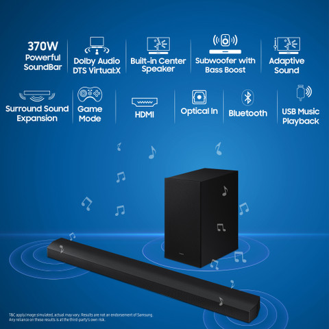 Samsung HW-B650D/XL Ch with Dolby Audio DTS Virtual:X, Center  Speaker, Subwoofer 370 W Bluetooth Soundbar