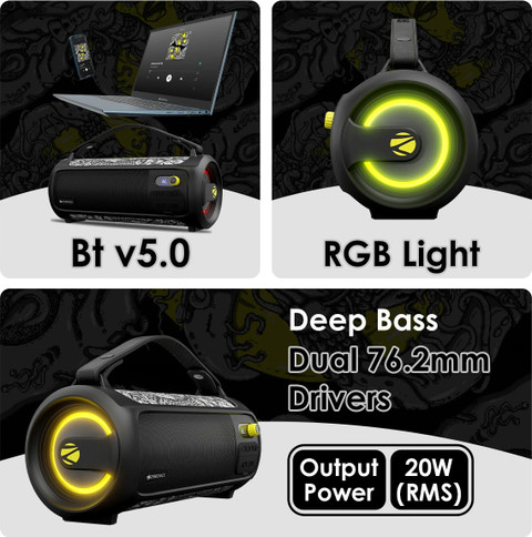 ZEBRONICS Rocket 500, 10 Hour Backup, Built-in Rechargeable Battery, RGB  Lights 20 W Bluetooth Home Audio Speaker