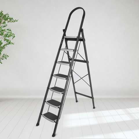 Plantex Foldable Steel 7-Step Ladder-Wide Anti Skid Steps (Gray