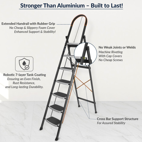 Plantex Foldable Steel 7-Step Ladder-Wide Anti Skid Steps (Gray