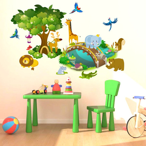 WallHunt 84 cm Nursery Zoo Animals Tree Wall Sticker Self Adhesive Sticker