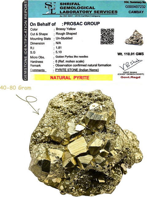 Prosac Pyrite Stone Original Pyrite 40 to 80 Gram Regular Angular