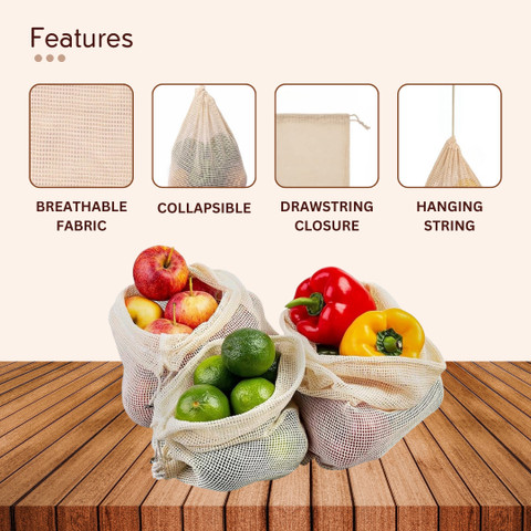 GreenTwish 100% Cotton Mesh Vegetable Fruit Fridge Storage Grocery Bag,  Washable, Reusable Cotton Storage Pouch