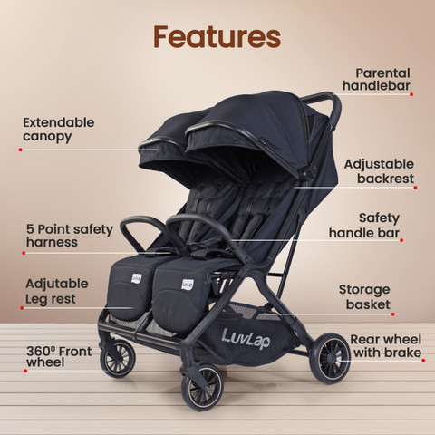 LuvLap Grand Twin Baby Stroller, Pram for 0 to 3 Years twins with
