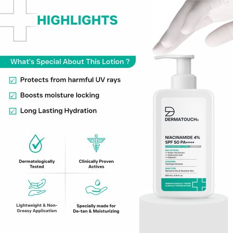 Dermatouch Sunscreen - SPF 50 PA++++ NIACINAMIDE 4% SPF 50 PA++++ SUNSCREEN LOTION 200ml , Body Lotion for Tanning (200 ml) - Image 8