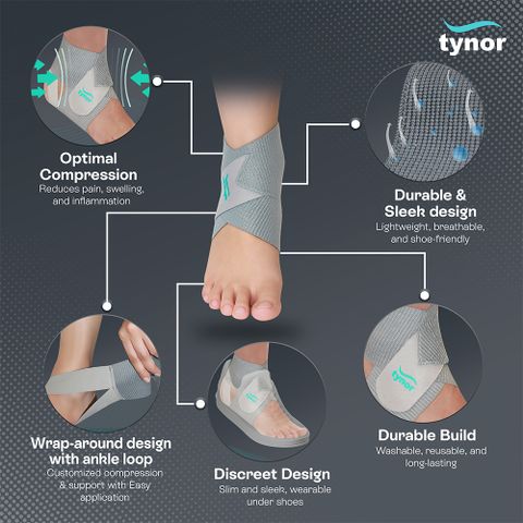 TYNOR Ankle Wrap Sleek Elastic, Grey, Universal, Unit Ankle