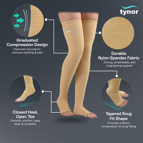 TYNOR Compression Stocking Mid Thigh Classic, Beige, Large, Pair