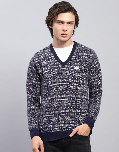 MONTE CARLO Printed V Neck Casual Men Dark Blue Sweater Buy
