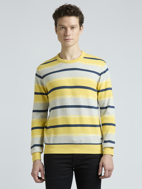 Pepe Jeans Striped Crew Neck Casual Men Yellow Sweater
