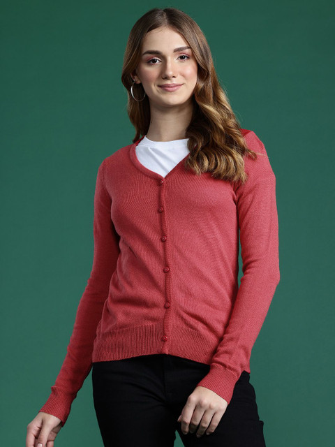 Dressberry Solid V Neck Casual Women Red Sweater