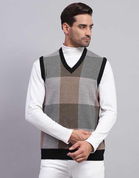 MONTE CARLO Checkered V Neck Casual Men Black Sweater Buy MONTE