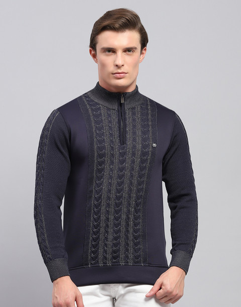 MONTE CARLO Self Design High Neck Casual Men Dark Blue Sweater