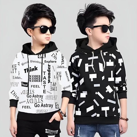 Ticoss Printed Hooded Neck Casual Boys Black, White Sweater