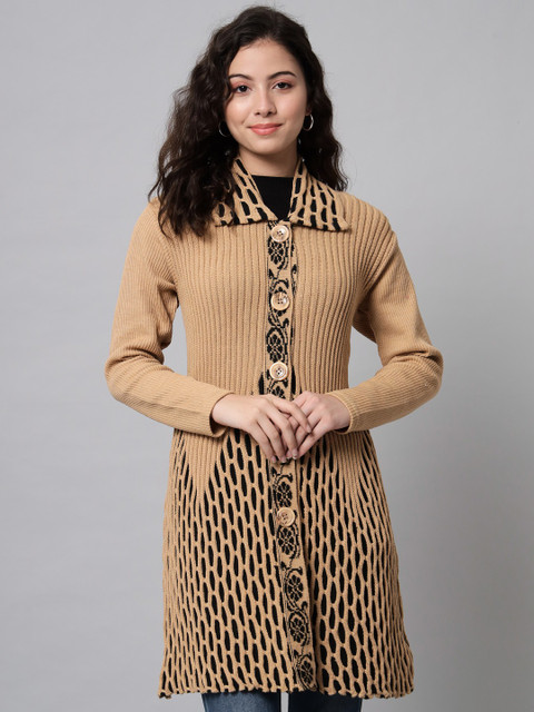 eWools Self Design Collared Neck Casual Women Beige Sweater