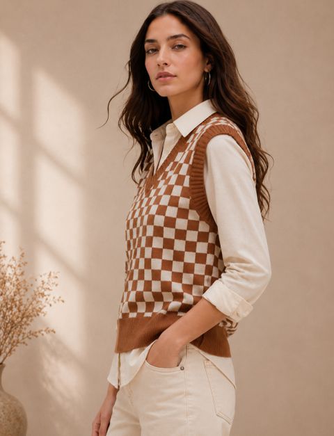 FEVERFEW Women Checkered V Neck Multicolor Sweater - Image 4