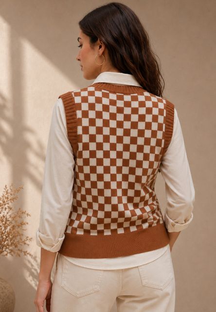 FEVERFEW Women Checkered V Neck Multicolor Sweater - Image 3