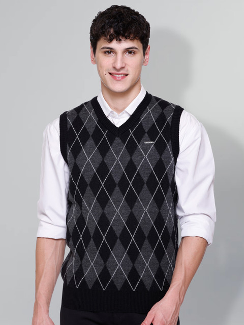 GODFREY Checkered V Neck Casual Men Black Sweater