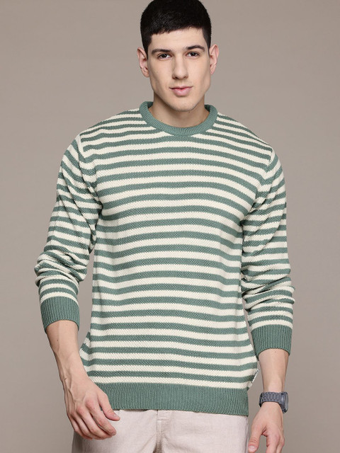 Roadster Striped Round Neck Casual Men Green, White Sweater