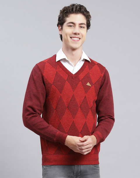 MONTE CARLO Self Design V Neck Casual Men Maroon Sweater