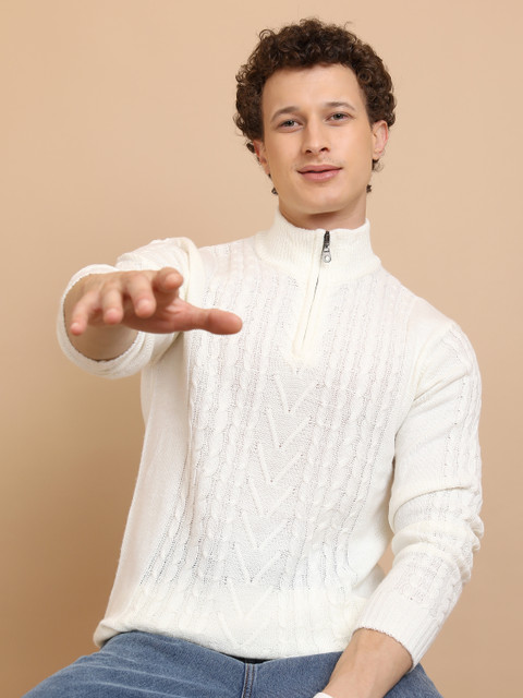 HIGHLANDER Self Design High Neck Casual Men White Sweater Buy