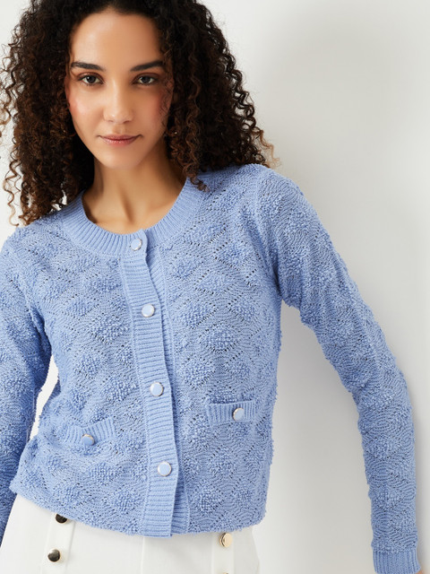 MAX Self Design Round Neck Casual Women Blue Sweater