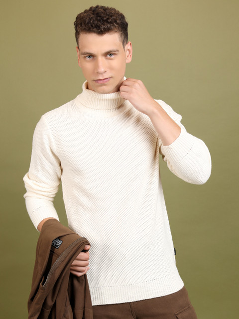 HIGHLANDER Solid Turtle Neck Casual Men White Sweater