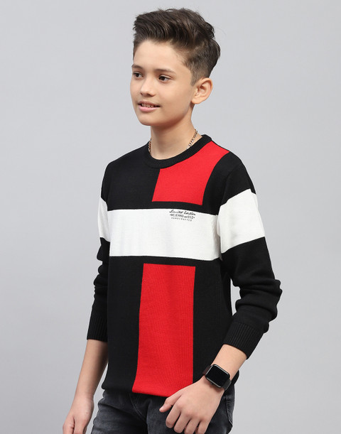 MONTE CARLO Self Design Round Neck Casual Boys Black Sweater