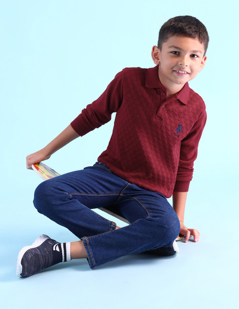 POLO Self Design Collared Neck Casual Boys Maroon Sweater