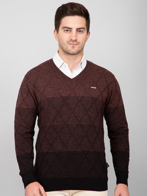 GODFREY Colorblock V Neck Casual Men Brown Sweater